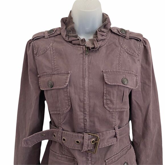 Sanctuary Small Basic Jacket Chocolate Brown Full Zip Front Belted Lace Collar - Picture 4 of 8